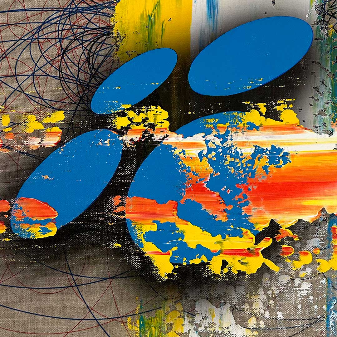 Abstract painting featuring four large blue ovals over vibrant splashes of yellow, orange, and white, with black and red lines swirling in the background. The overall effect is energetic and dynamic.