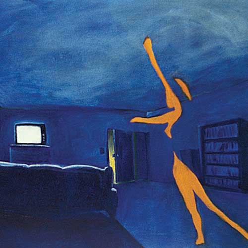 A yellow silhouette of a person dances in a dark blue room with a lit TV, couch, open door, and bookshelf, evoking a sense of solitude and movement.