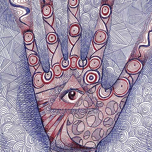 A hand drawn with intricate red and blue lines, filled with swirling patterns and circular shapes. An eye is depicted in the center of the palm, creating a surreal and abstract effect.