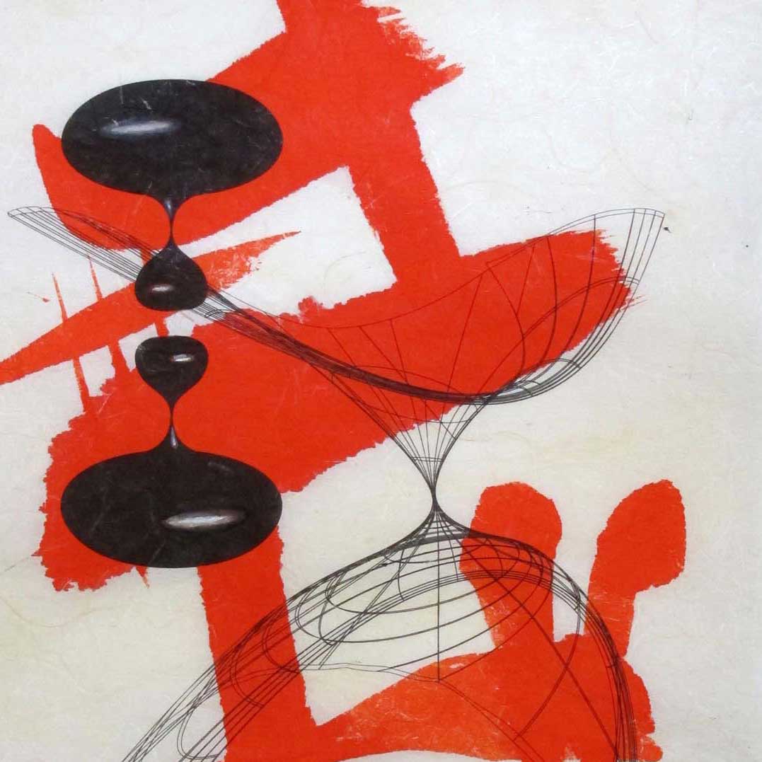 Abstract art with bold red shapes, black hourglass-like forms, and thin, curved black lines on a textured off-white background.