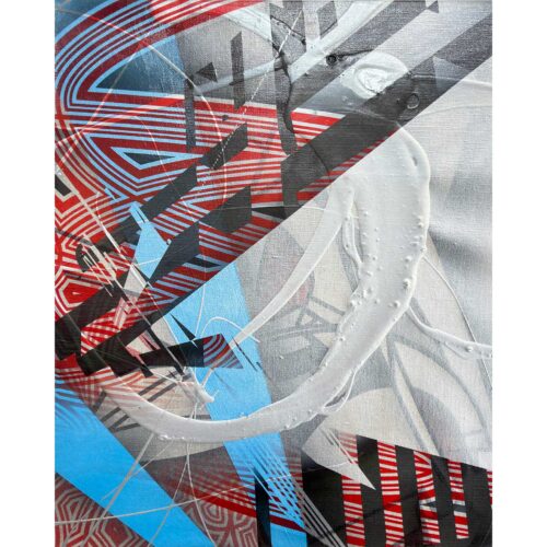 Abstract painting with red, black, blue, and white geometric patterns, bold intersecting lines, and curved shapes layered across the canvas, creating a dynamic, energetic composition.