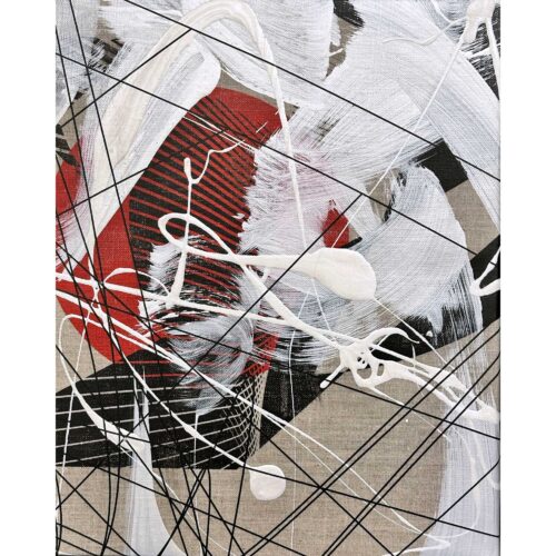 Abstract painting with white brushstrokes, black lines, and red shapes on a tan background. White paint is splattered and smeared across intersecting thin black lines and textured red and black patterned areas.