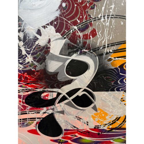 Mill Painting #2 is an abstract artwork characterized by bold swirls and splatters in red, yellow, black, white, and purple. Overlapping curved shapes and dynamic brushstrokes create a chaotic and colorful background in this striking piece.