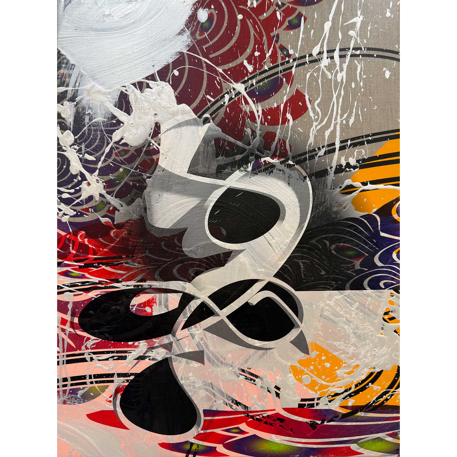 Mill Painting #2 is an abstract artwork characterized by bold swirls and splatters in red, yellow, black, white, and purple. Overlapping curved shapes and dynamic brushstrokes create a chaotic and colorful background in this striking piece.